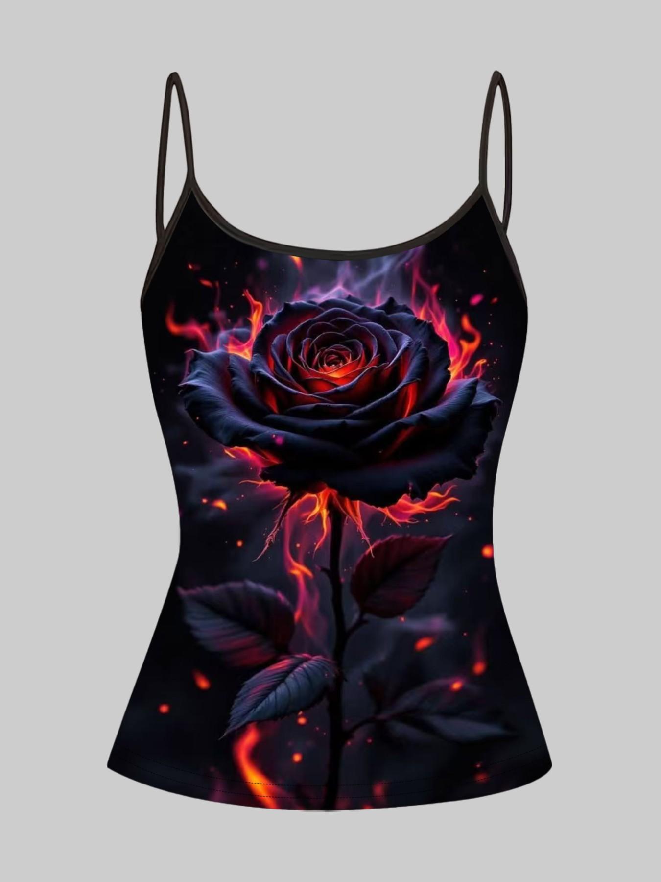 Dark Gothic Flame Rose Print Strappy Top, Summer Home Sleepwear Outerwear, Unique Slim Fit Shirt Set of Four Pieces