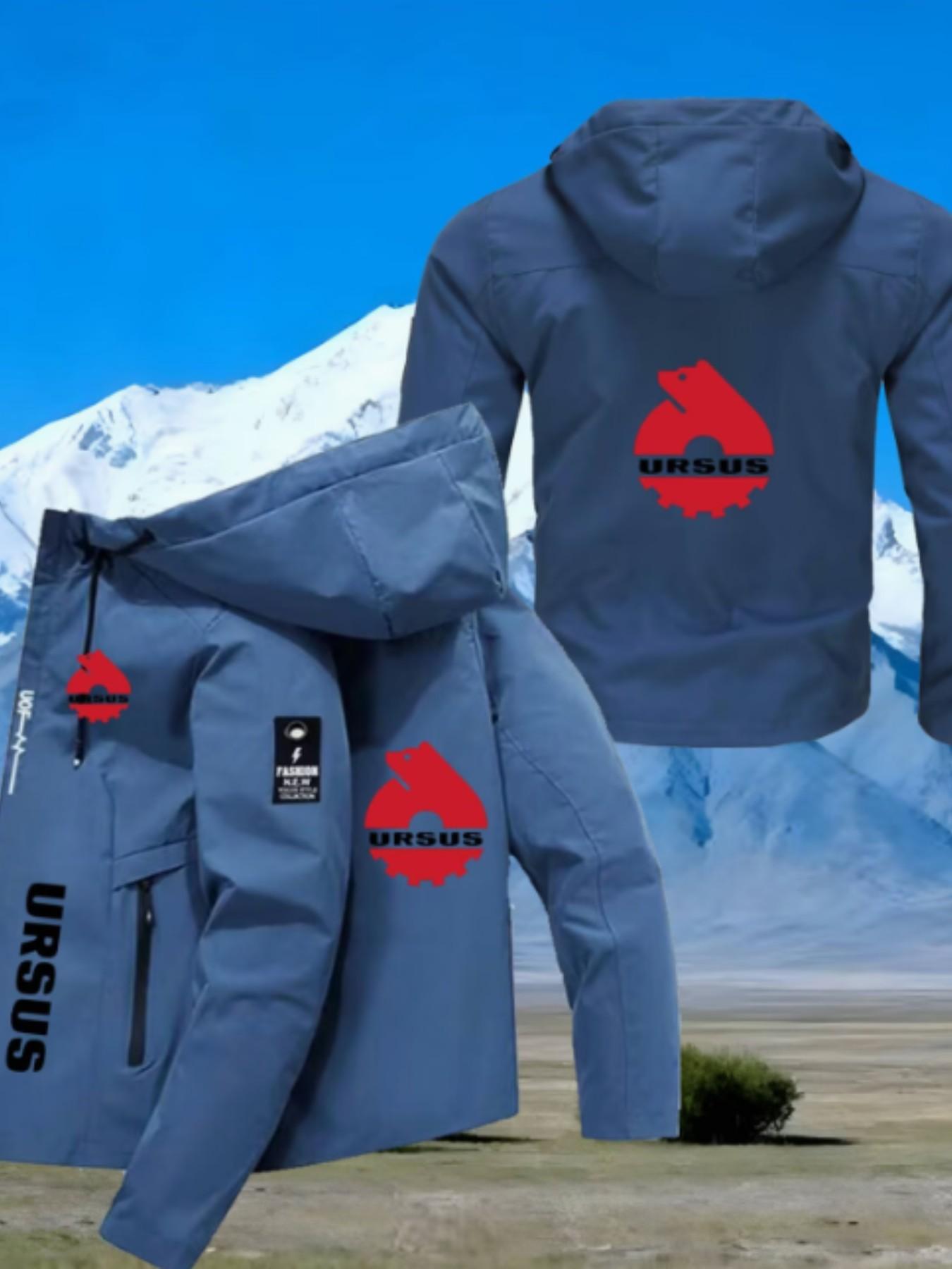Men's Fashion Ursus Logo Lightweight Outdoor Windproof Jacket, Bear Print, Long Sleeve, Fitted, All Seasons, Durable Polyester