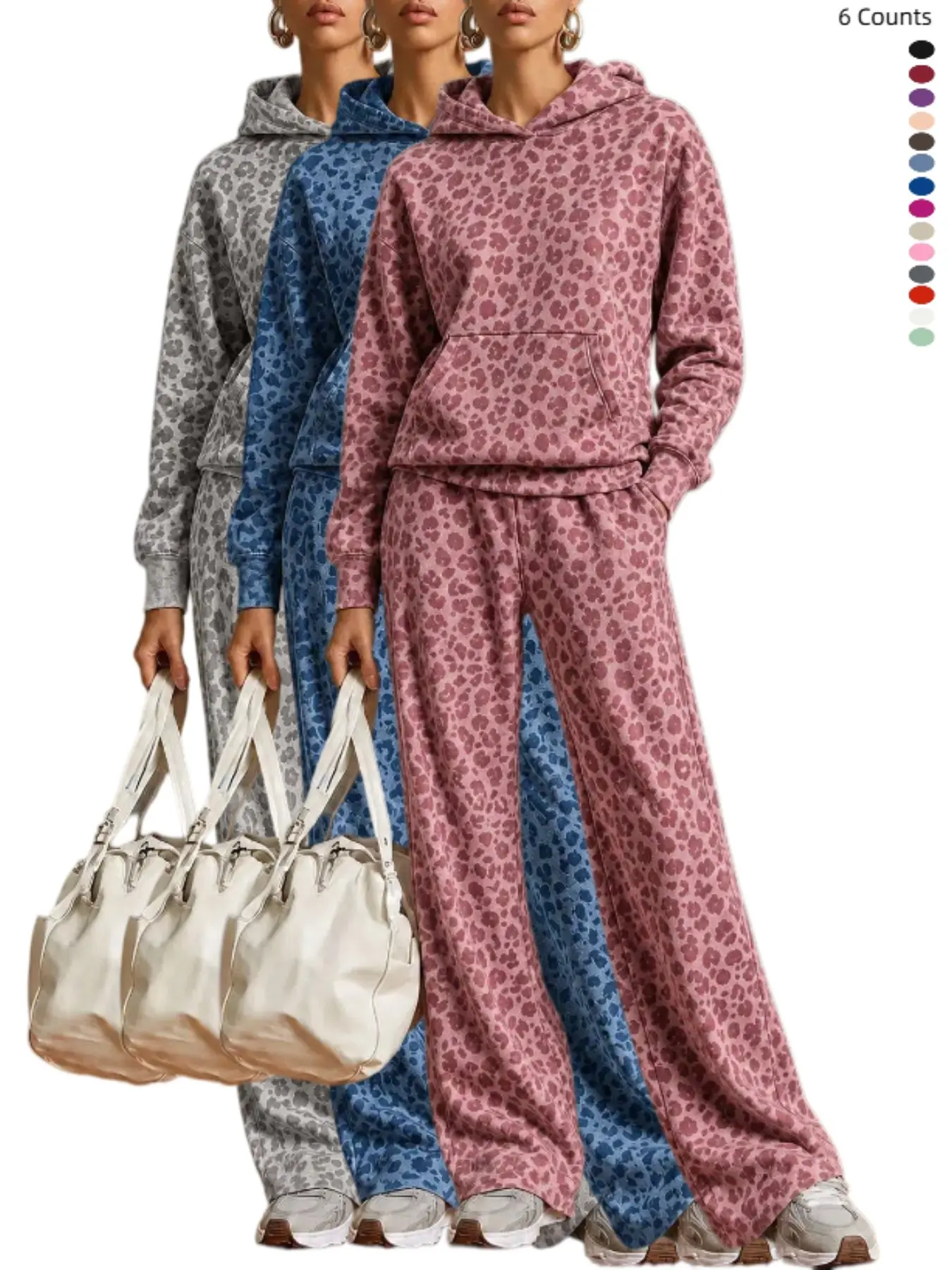 Women 2/6 Pack Leopard Print Hooded Sweatshirt and Split Hem Wide Leg Pants 2 Piece Outfit Set, Casual Loose Loungewear Tracksuit Multipack