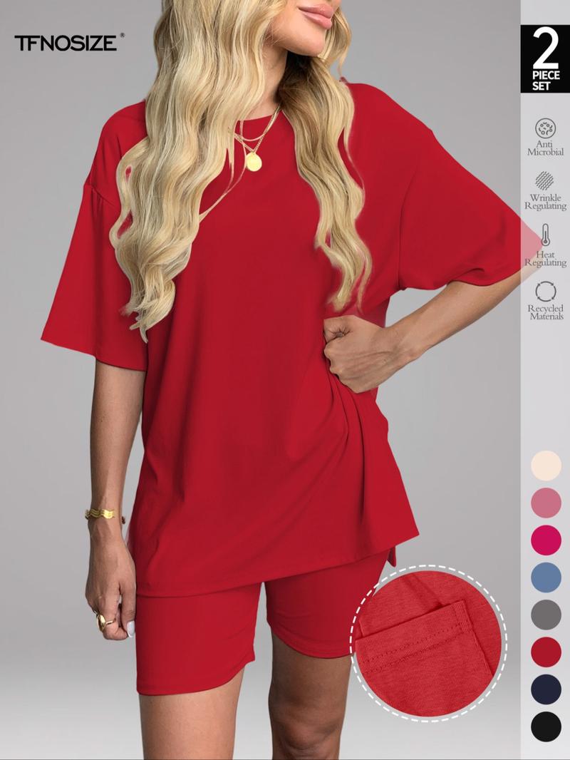 Women's Solid Color Tee & Skinny Shorts Loungewear Set, Fashion Casual Comfy Round Neck T-shirt & Shorts PJ Set, Ladies Sleepwear for Summer, Pajama, Soft Lounge Sets, comfyessentials, giftideas,summersale,pjs,nightwear,sleepwearfashion