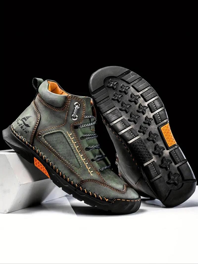 Men's Fashionable Patchwork Design Lace Up Ankle Boots, Casual Comfortable Breathable Non-slip Boots for Outdoor Activities, Durable PU Leather Shoes for Fall & Winter