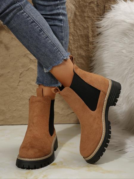 Chunky Sole Chelsea Boots for Women, Trendy High Heel Ankle Boots, Casual PU Leather Short Boots for Fall & Winter