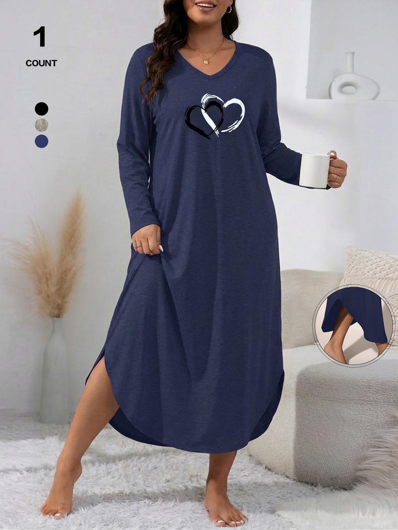 Women's V-Neck Long Sleeve Nightgown, Soft Casual Loungewear Dress with Pockets, Heart Print Sleepwear, Loose-Fitting, All Seasons