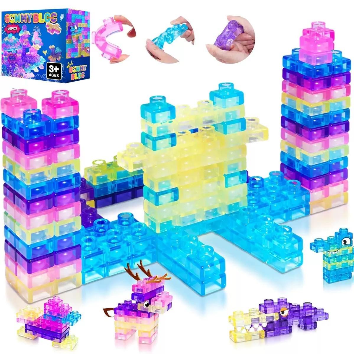Multi-colored stackable jelly building block toy set, jelly soft building blocks, non-toxic sensory tactile toy, safe, soft, squeezeable and stretchable, suitable for early education and STEM creative building for children aged 3 and up, birthday gift.