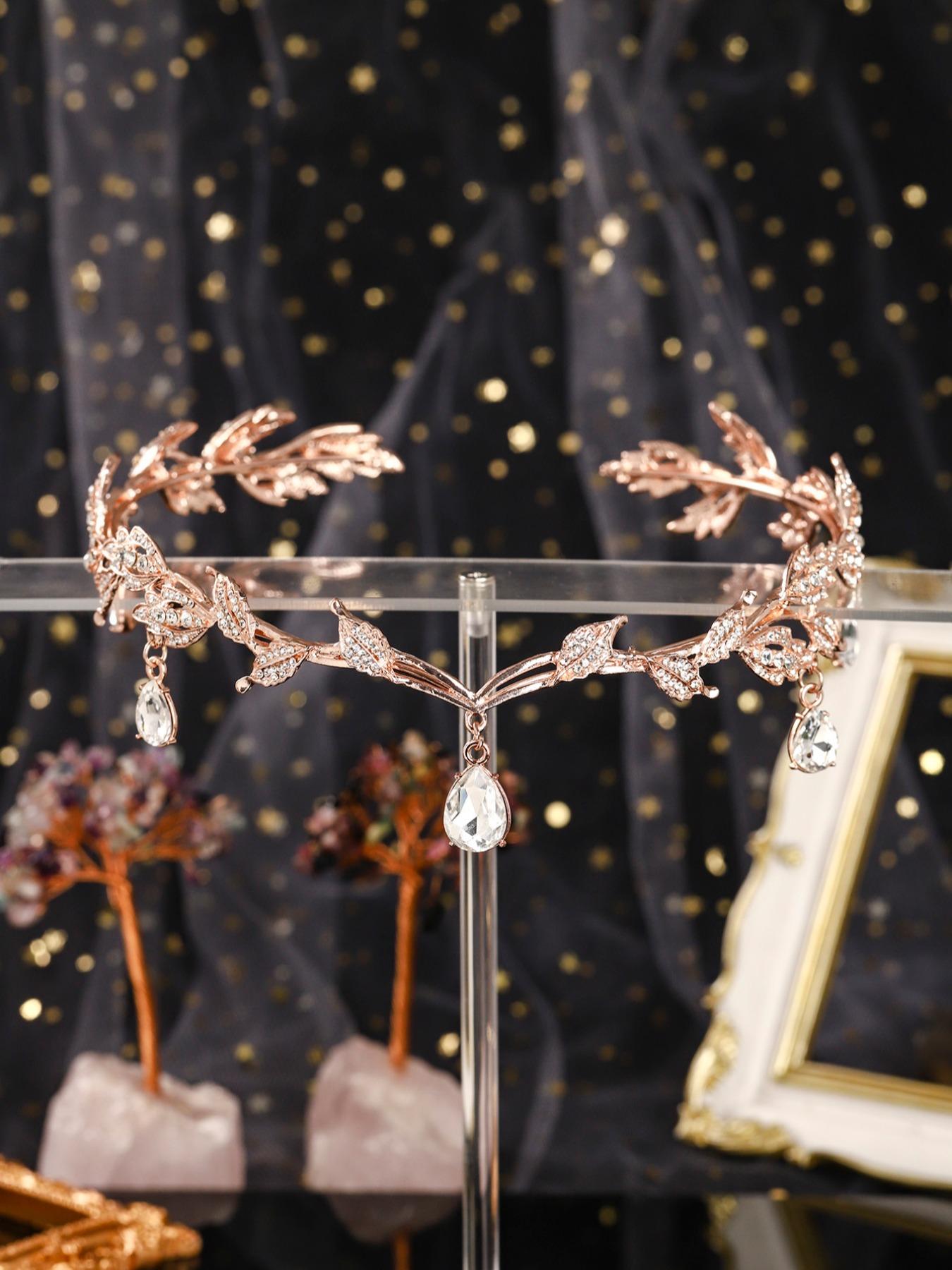 Vintage Creative Alloy Rhinestone Leaf Water Drop Pendant Headpiece Crown, Adjustable Bridal Party Accessory, Holiday Gift