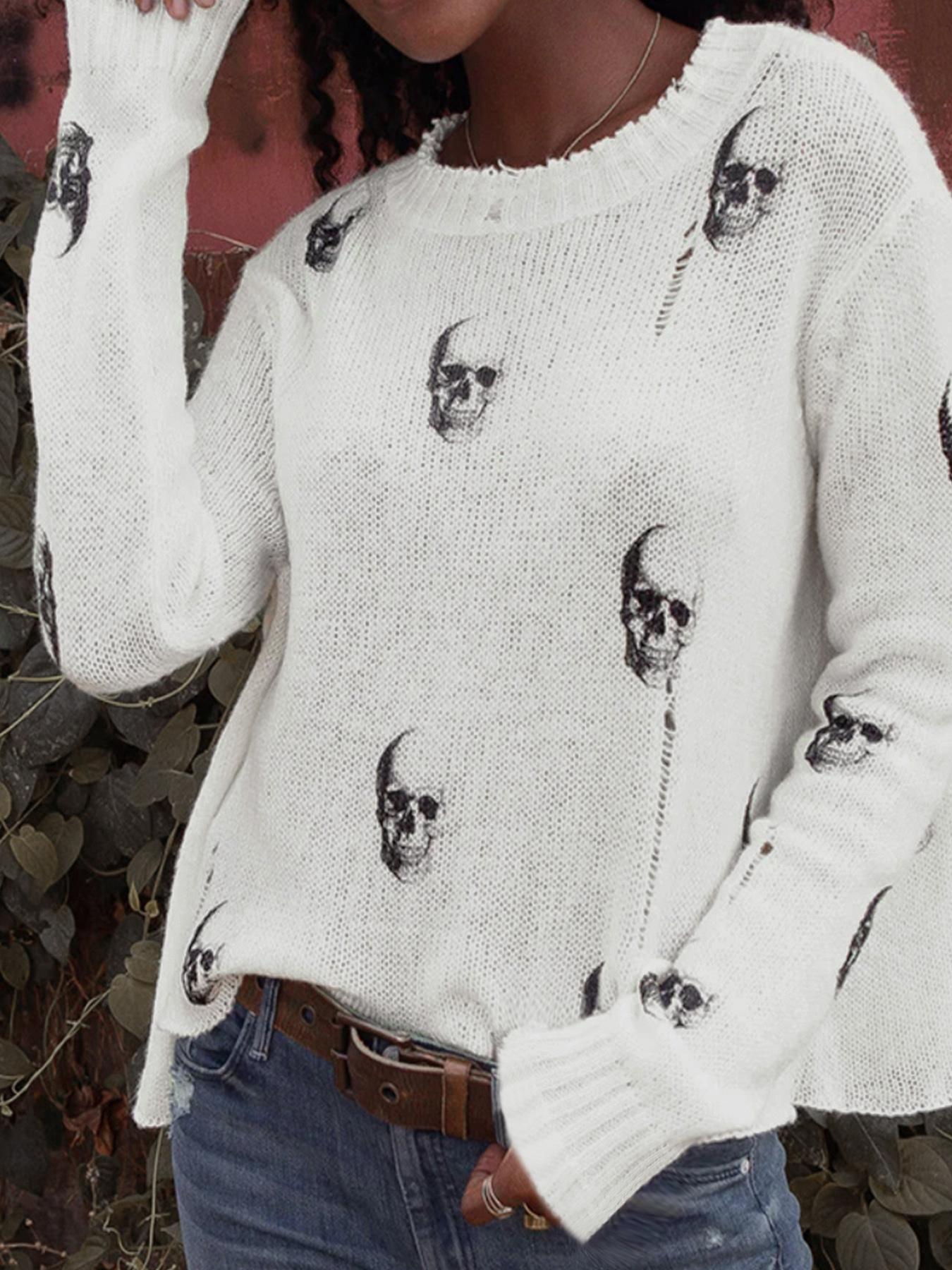 Women's Skull Print Round Neck Sweater, Casual Long Sleeve Crew Neck Jumper for Spring & Fall, Fashion Women's Knitwear for Daily Wear