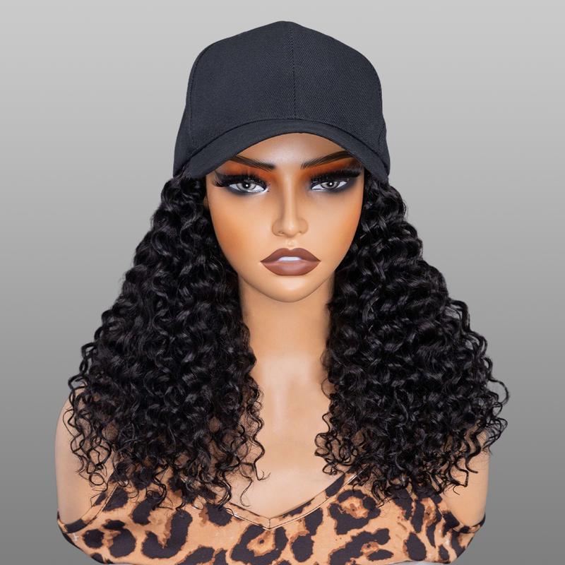 Wavymy Water Wave Hat Wigs Baseball Cap Wigs With Natural Color Human Hair Attached 100% Human Hair Styled-to-Go