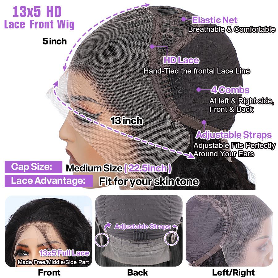 13x5 Deep Wave HD Lace Front Wigs Human Hair 220% Density  Deep Curly Frontal Wigs for Black Women Pre Plucked with Baby Hair