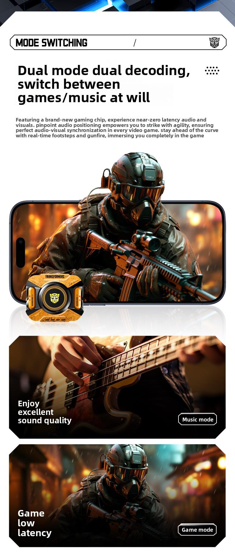 Transformers TF-T93 Ear-Clip True Wireless Bluetooth 6.0 Earbuds with Mic, Zinc Alloy Armor Case, Low Latency Game/Music Modes, Hi-Fi 12mm Drivers, Secure Fit Sports Earphones (Megatron Black)