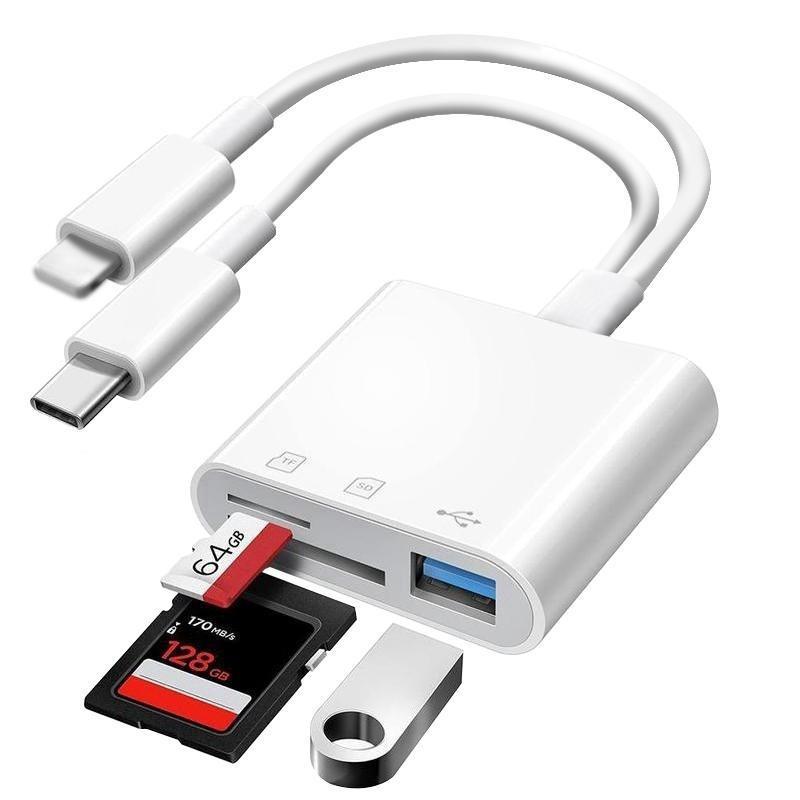 Multifunctional USB-C & Lightning Card Reader, Fast Transfer Adapter for iPhone/iPad/laptop, Supports SD/TF/micro SD Cards, No APP Needed