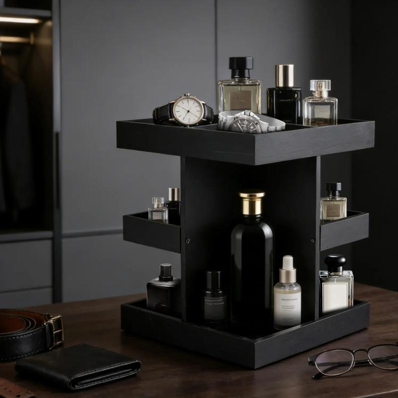 Cologne Organizer for Men, Rotating Cologne Stand, 3 Tier Wooden Perfume Shelf, Desk Organizer, Husband Boyfriend Birthday Gift Ideas