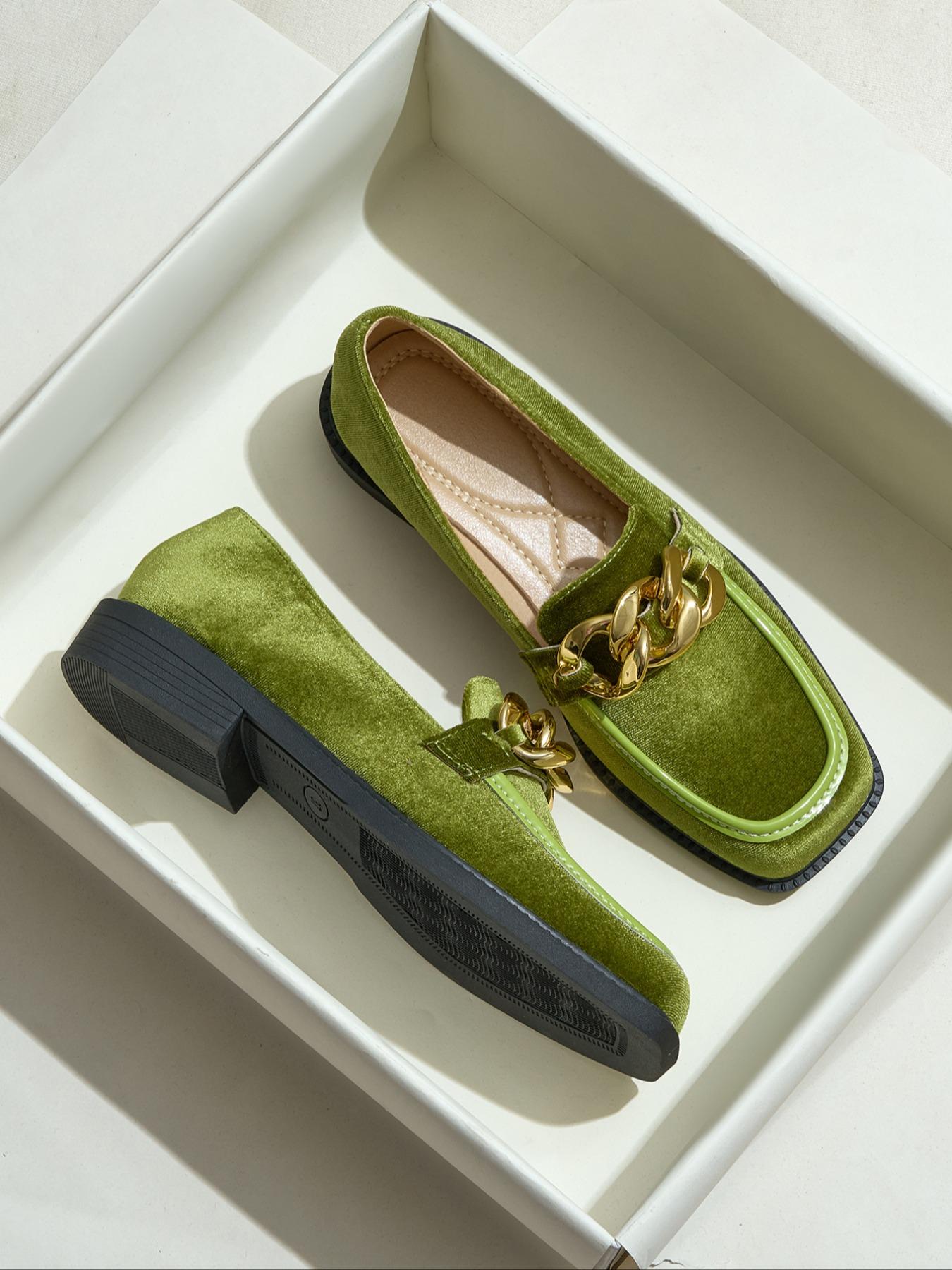 Women's Velvet Thick Sole Flat Square Toe Loafers, Retro Style Fall Fashion Shoes, Comfortable Slip-On Design for Daily Wear