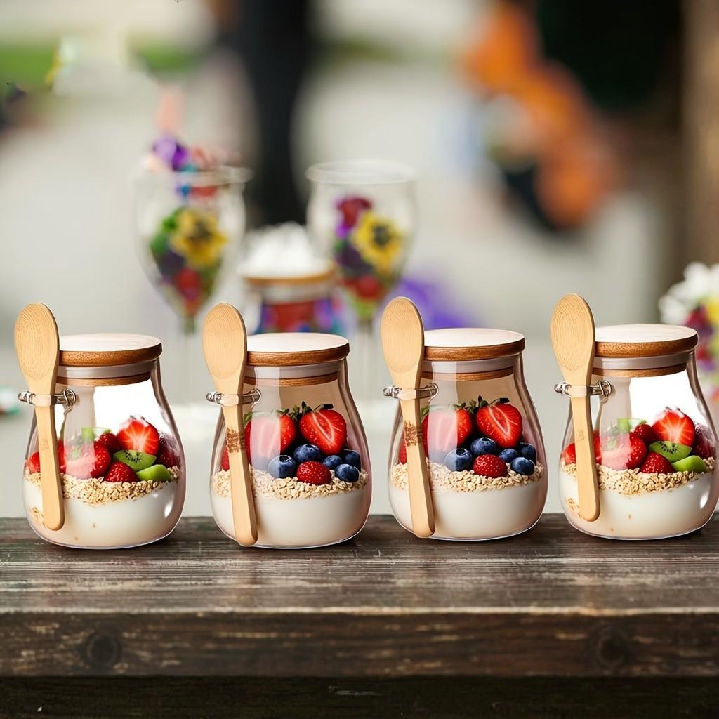 11.96 oz Glass Cup, Overnight Oatmeal Cup Set 1/2 Piece, Mason Jar Salad Bowl for Food Preparation, Salad Bowl, Oatmeal Jar, Oatmeal Cup, Food Preparation Container with Lid Spoon, Glass Jar for Chia Seeds, Pudding, Yogurt