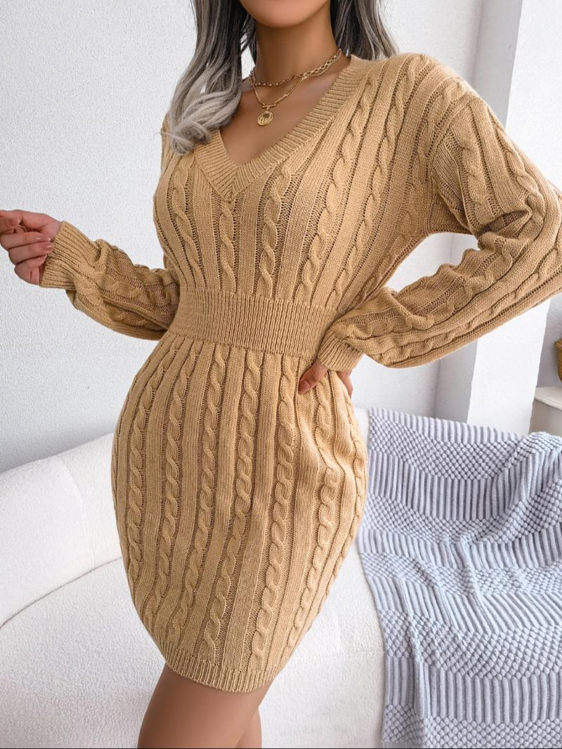 Women's Basic Comfort Solid Textured Drop Shoulder Sweater Dress, Lady's Lady Long Sleeve V Neck Cable Knit Dress, Casual Chic Dress