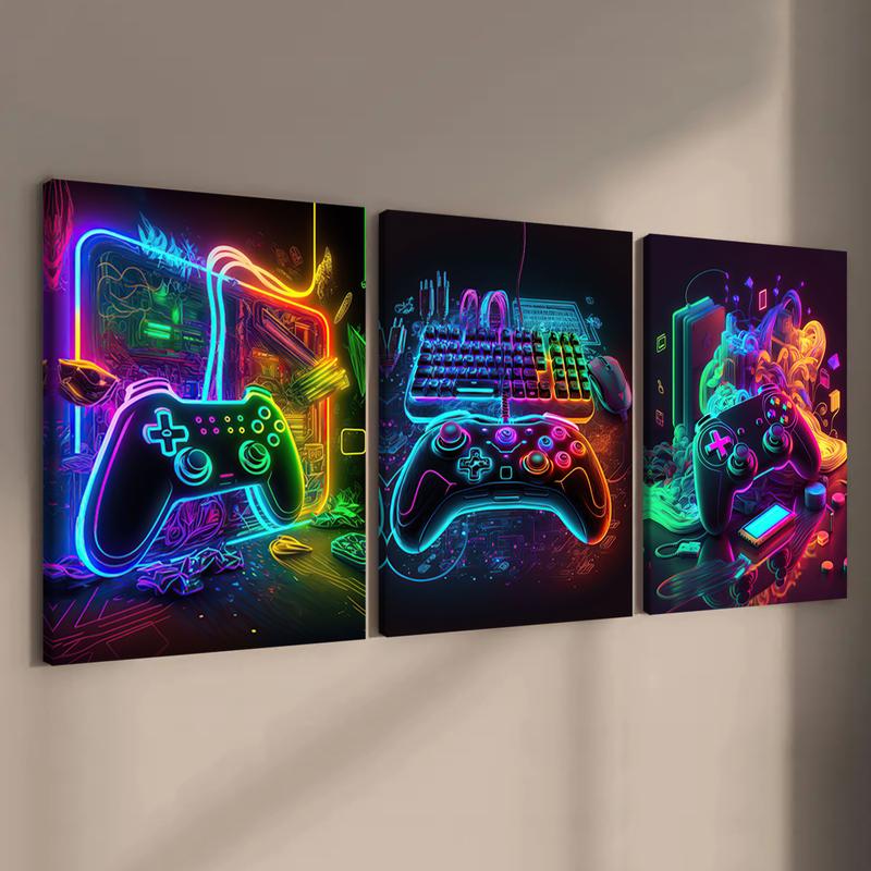Modern Neon Gamepad Lightsaber Man Pattern Canvas Painting with Frame, 3 Counts/set Modern Wall Art Painting, Wall Art Decor for Home Living Room Bedroom Office