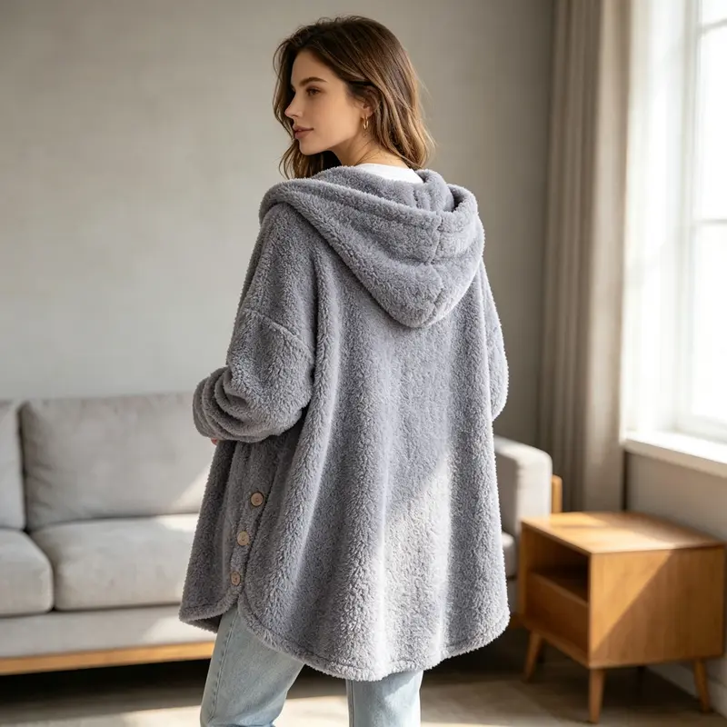 Women's plush round neck winter coat with asymmetric hem – image 14