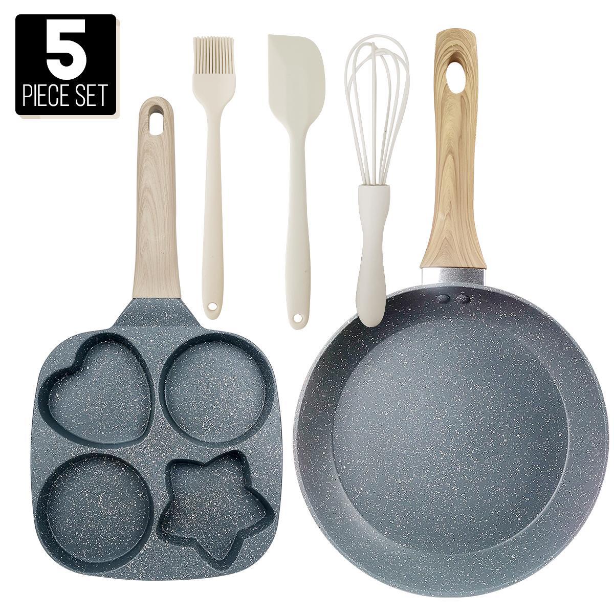 Abkok Four-Hole Non-Stick Egg Skillet Pan, Nonstick Egg Pan, Non Stick Cookware, 8–9-Inch Diameter, Ideal for Breakfast Eggs and Burgers, Durable Wooden Material Base with No-Handle Design