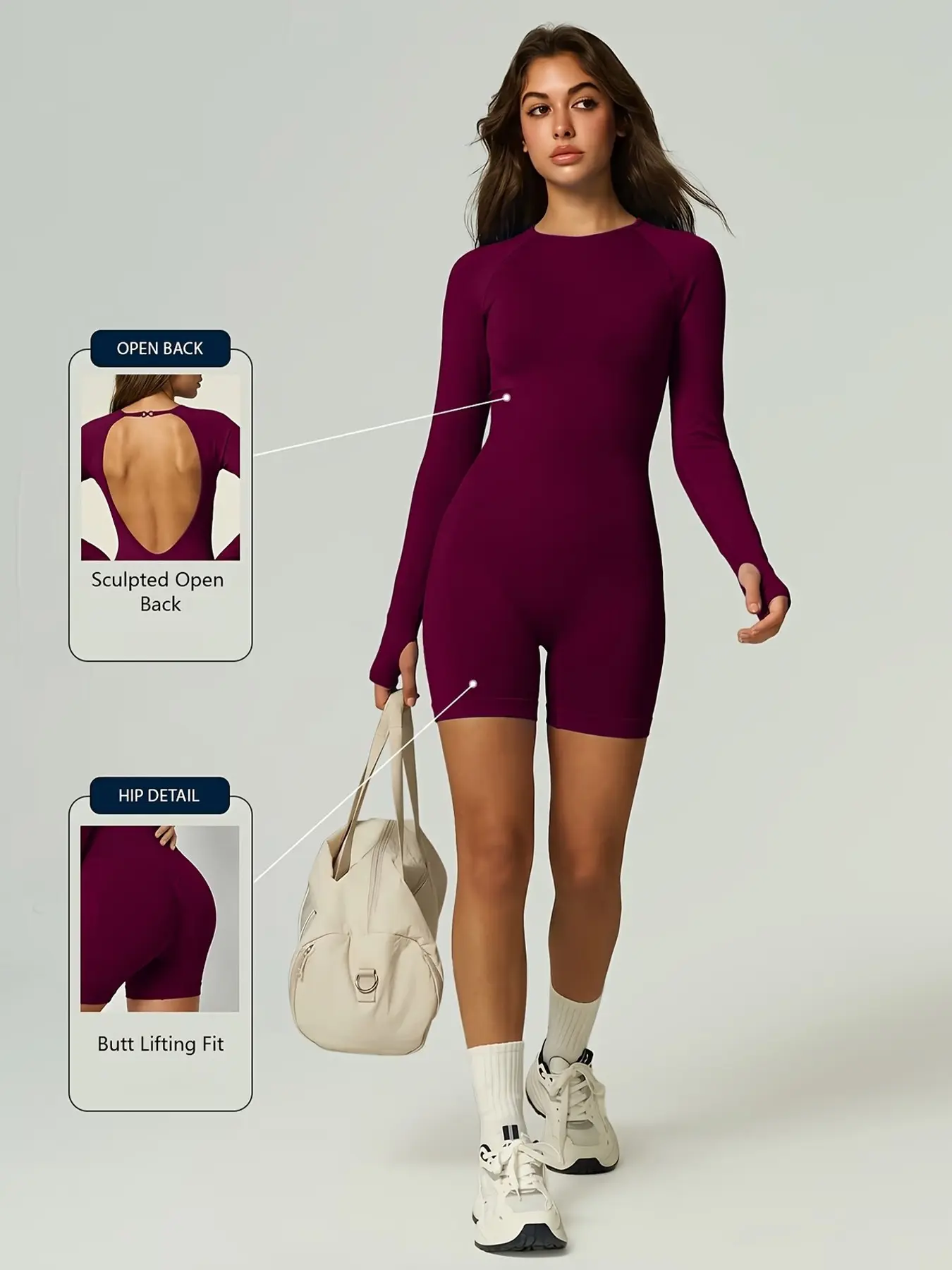 Women's Long Sleeve Thumbhole Romper, Detachable Bra Pads, Butt Lifting Shorts, Solid Non-Polyester Fabric, Backless Design, Casual Yoga Wear, Workout Rompers