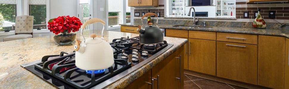 Whistling Tea Kettle Tea Pots 2.5L, Stainless Steel Kettle with Wood Pattern Folding Handle, Whistle Kettle for Tea Coffee