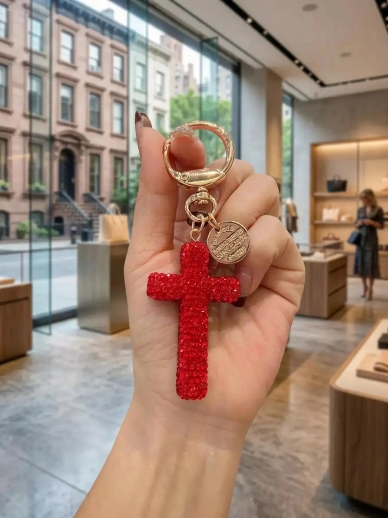 Clay cross keychain with diamonds, Gothic cross keychain, car