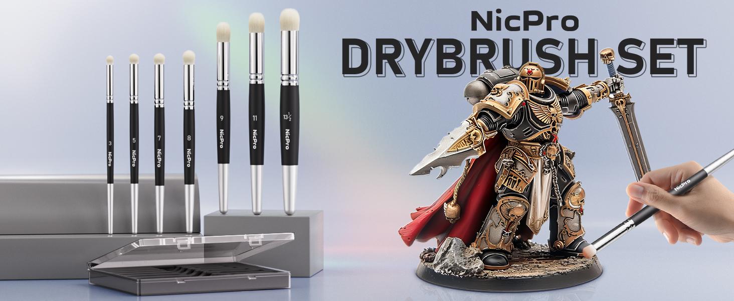 Nicpro Dry Brush Miniature Painting, 7 Sizes Professional Drybrush Set with Storage Case, Hobby Detail Paint Brushes for Tabletop & Wargames Miniature Model Painting