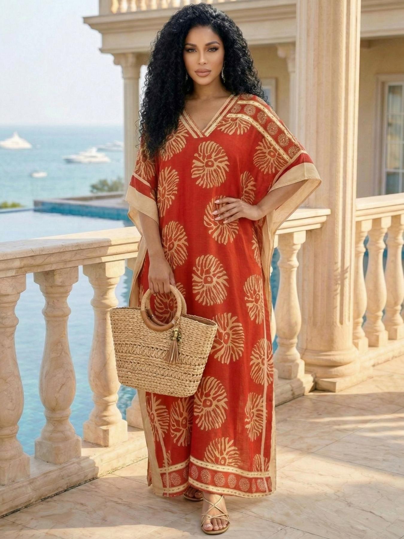 EDOLYNSA Leopard kaftans for woman caftan beach printing Moo Moo Dress casual cover up Bohemian daily wear Soft Homewear vacation party long dress lounge wear Q1615 Womenswear