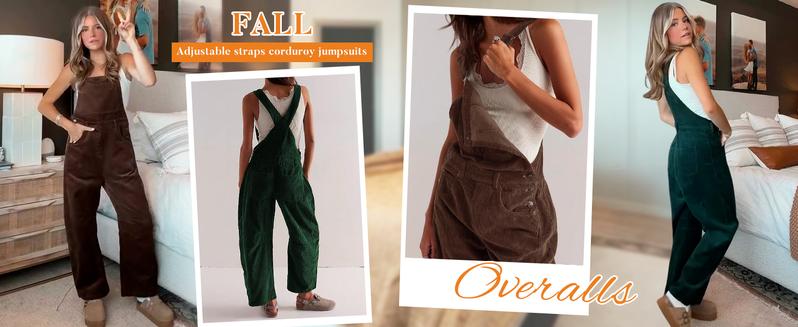 Yeokou  Corduroy Overalls for Women Barrel Wide Leg Bib Corduroy Pants Women Adjustable Romper Jumpsuit with Pockets