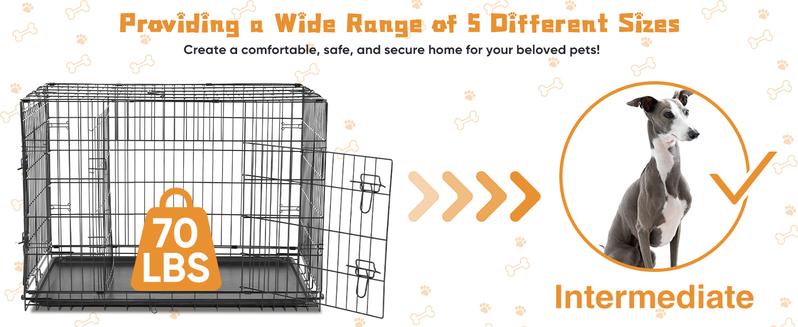RIMIKING Constructed Durable Double Door Dog Crate,Five Sizes Available, Dual-Door Design, Secure Locking System,  Leak-Proof Pan,Rounded Corners & Clips,Removable Divider Panel,Sturdy Metal Construction,Visualization Feature,