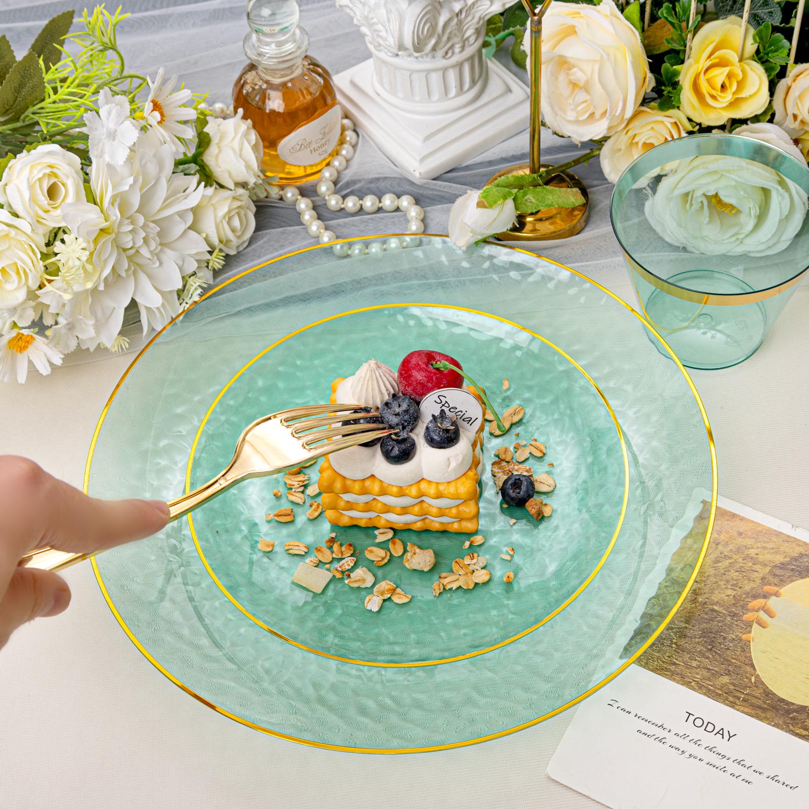 Gold/Blue/Pink/Yellow/Green Disposable Plates and Silverware Set: Dinner Plates,Dessert Plates, Cups,Napkins,Knife, forks, spoons 25 for each kind-Perfect for Party