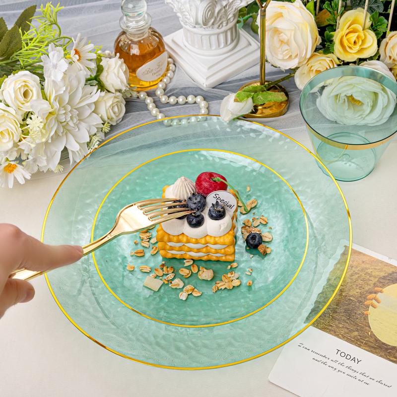 Gold/Blue/Pink/Yellow/Green Disposable Plates and Silverware Set: Dinner Plates,Dessert Plates, Cups,Napkins,Knife, forks, spoons 25 for each kind-Perfect for Party