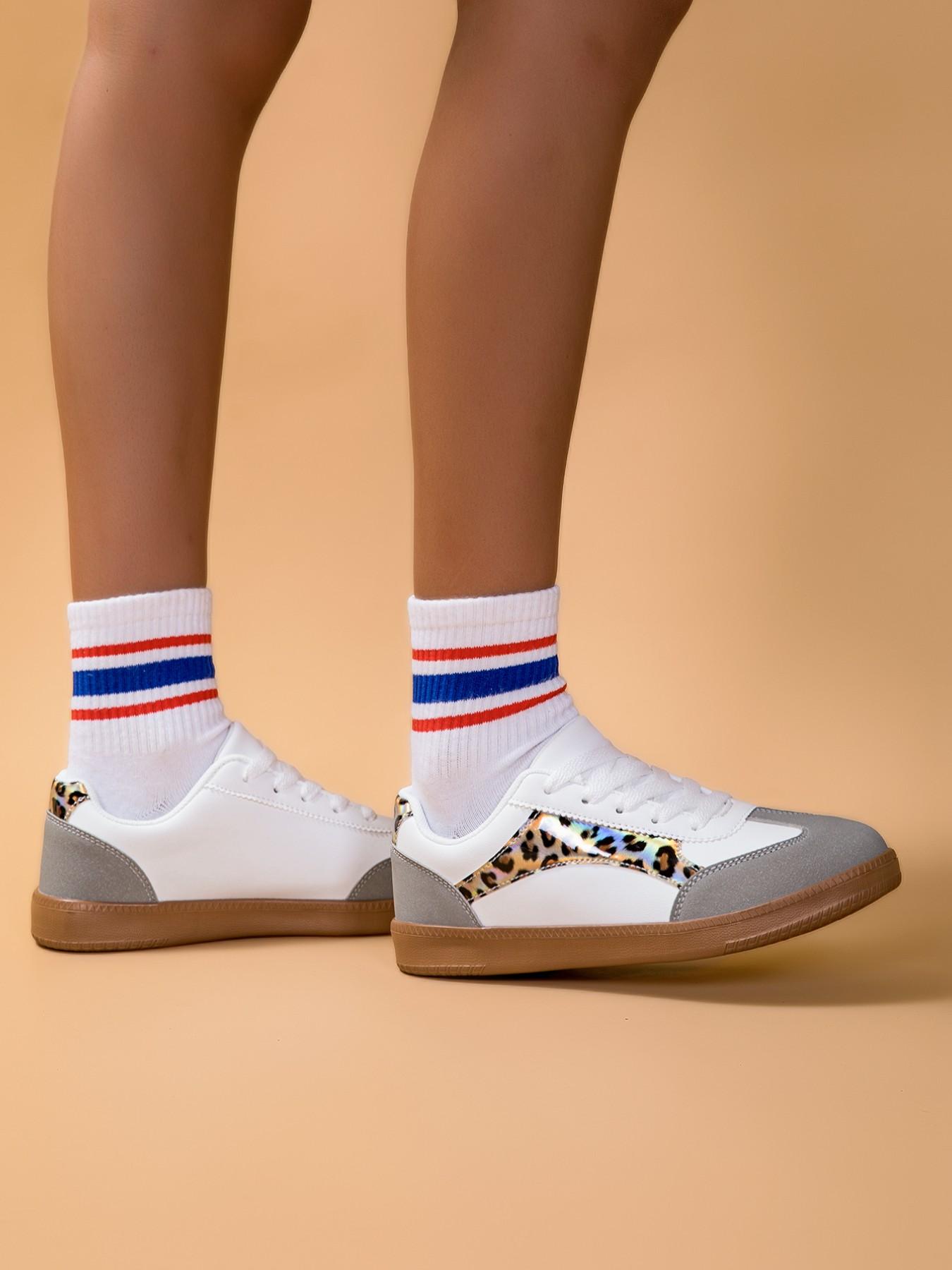 Dn. Monkeys Unisex Retro Leopard Print Sneakers, Laser Cut Patchwork Design, Casual Low Top PU Leather Shoes, All Seasons Comfort