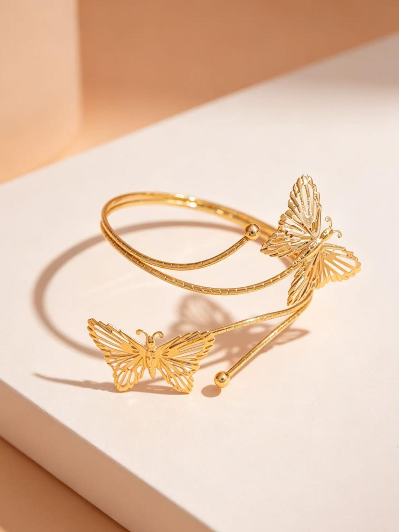 Gold Plated Butterfly Open Cuff Arm Bracelet, Adjustable Double Layer Armlet for Women, Elegant Hollow Out Butterfly Arm Jewelry for Summer Beach & Daily Wear