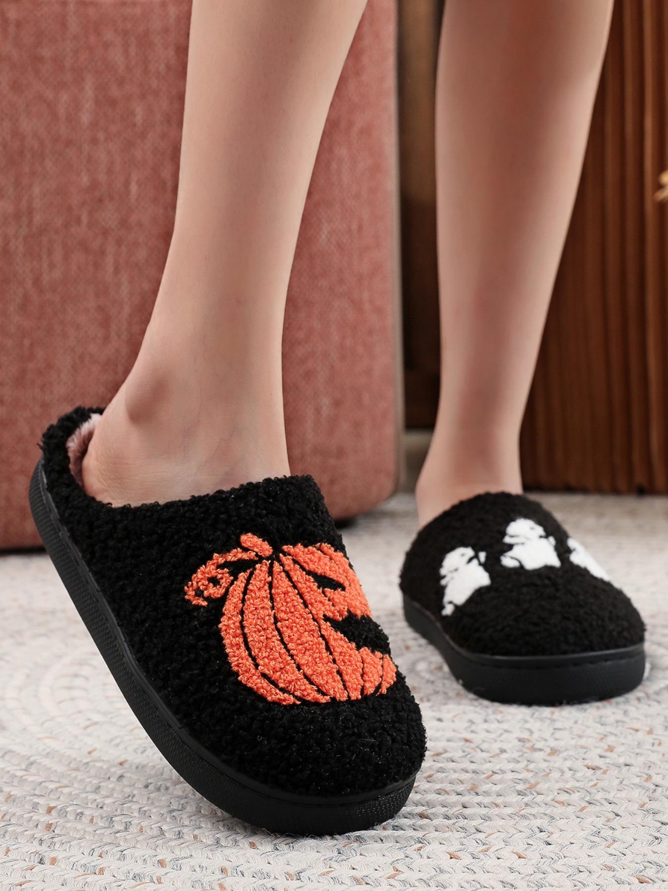 Halloween Pumpkin Ghost Embroidered Plush Slippers, Comfortable Indoor Home Shoes for Men & Women, Black