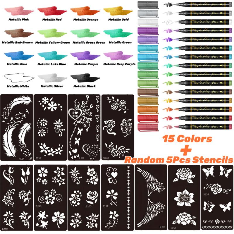 Temporary Tattoo Markers for Skin,With Stencils,Body Markers,10/15/30Colors Tattoo Pens,Flexible Brush Tip, Soft Brush Nib, Bright colors, Face Paint Kit Cosmetic Quality,Halloween makeup