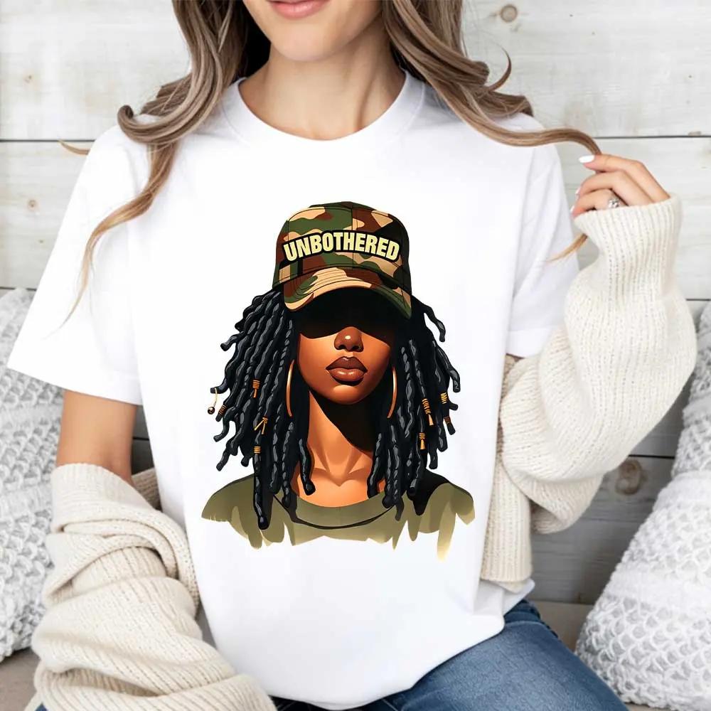 Women Casual T-Shirt White Unbothered Girl With Dreads And Camo Hat Graphic Print For Everyday Wear