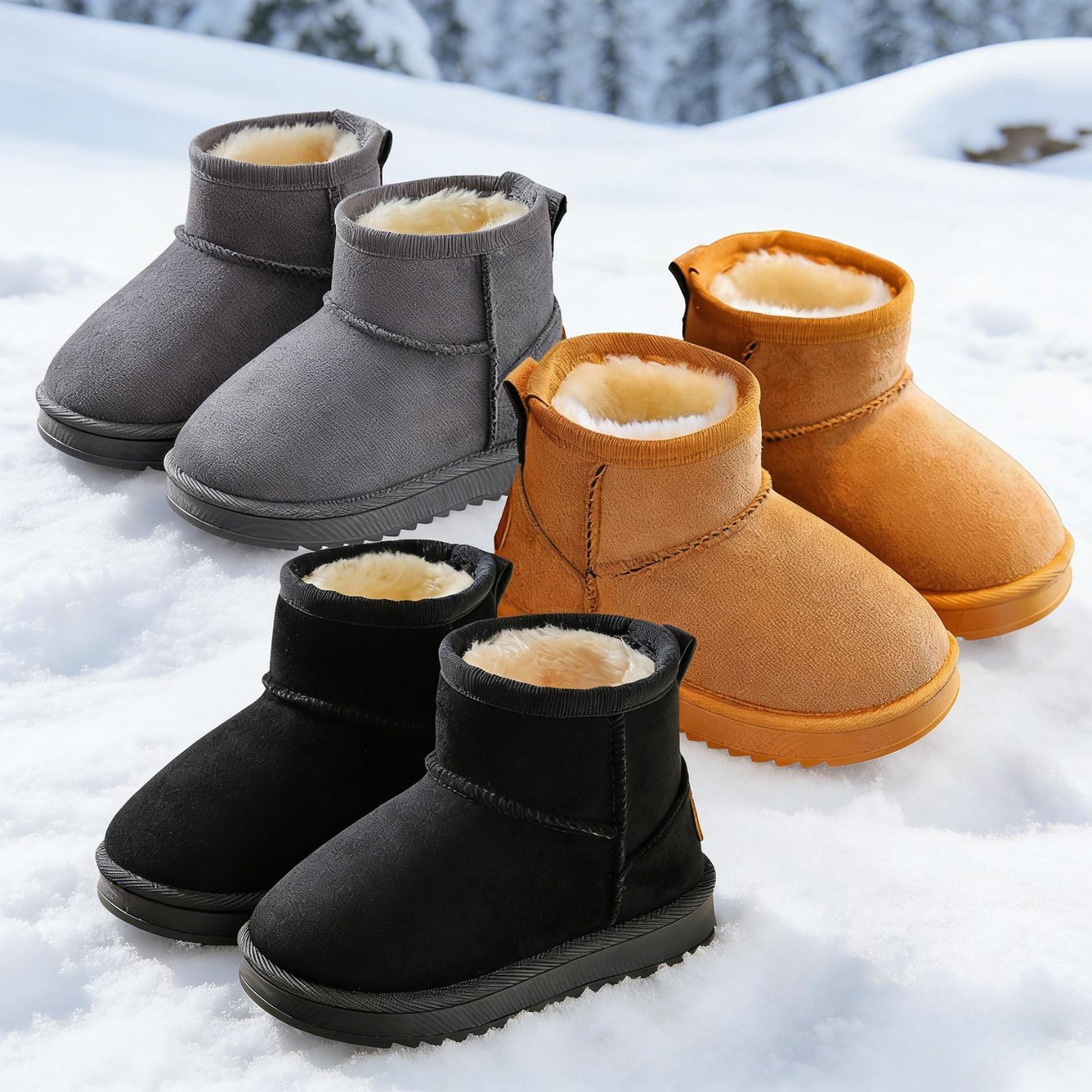 Kids' Cute & Versatile Round Toe Synthetic Snow Booties - Soft, Warm Faux Fur Liner, Non-Slip Flat Ankle Boots for Casual Daily Wear, Birthday, Holiday (Khaki, Black, Gray)