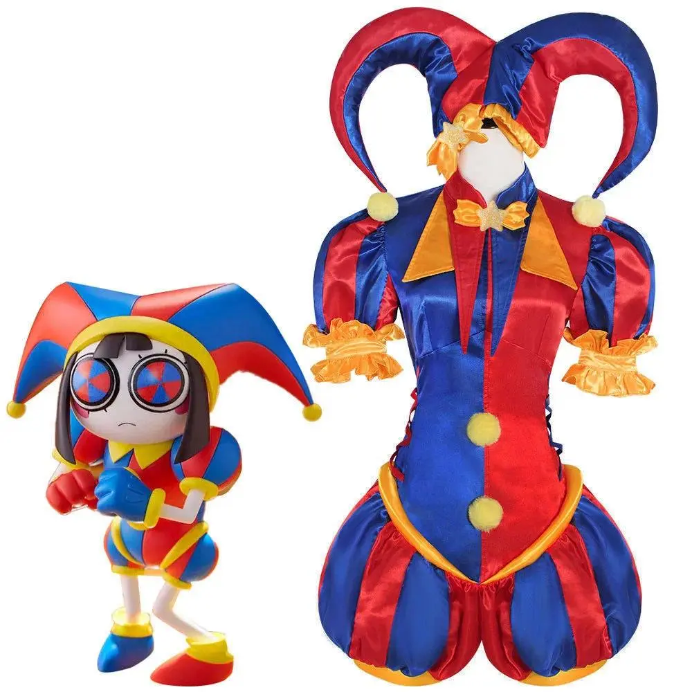 Adult Clown Pomni Cosplay Costume Jester costume Blue Red Jumpsuit and Hat with Gloves Socks Christmas Halloween Party Costumes