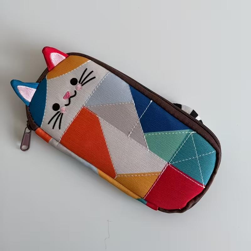 Cat Shape Patchwork Pencil Case, 3D Cat Contour Design, Portable Compact Size High Aesthetic Stationery Storage Bag Office Supplies for Student School & Office Use