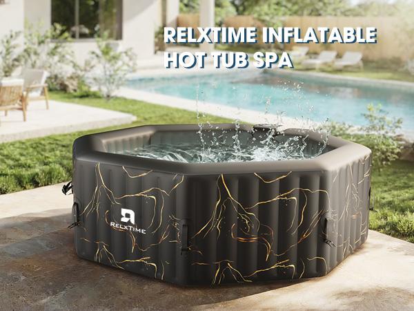 Relxtime 4-6 Person Octagonal Black Gold Inflatable Hot Tub, Portable Outdoor Spa with 130 Soothing Bubble Jets, Insulated Cover, 2 Filter Cartridges - HJD6001 FathersDayGift Water Exterior