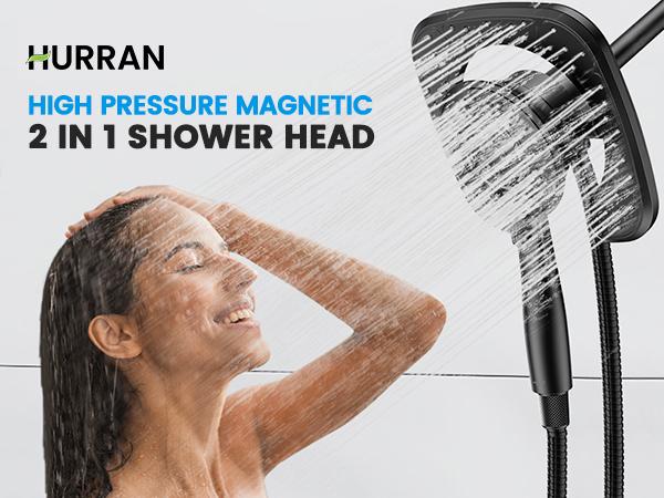 Hurran High Pressure 7.2" 2-in-1 Rainfall & Handheld Shower Head with Magnetic Dock offers 10 settings for a customized shower experience. Features a 59" stainless steel hose for flexibility,durability,and a magnetic dock for easy storage and quick access