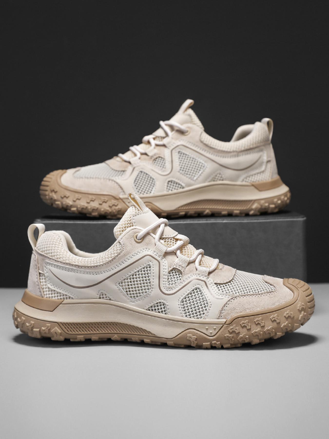 Men's Solid Color Mesh Breathable Outdoor Hiking Shoes Drawstring Toe Cap Trekking Shoes Non-Slip Wear-Resistant Casual Sneakers