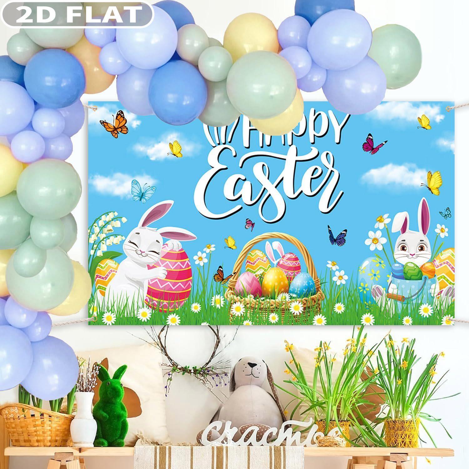 2D FLAT 1 Count Studio Props Happy Easter Backdrop Banner, Multiple Sizes Durable Polyester Fabric Colorful Flower Eggs Spring Bunny Grassland Theme Easter Decorations Party Supplies for Photo shoot Happy Easter's Day Party Decor