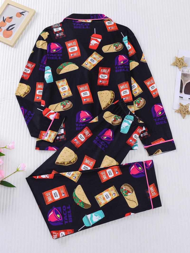 2-piece snack set, potato chips, hot dogs, bell shaped drinks, printed long sleeved shirt, long pants, soft, comfortable, skin friendly, smooth top, small pocket, button closure, elastic waistband, suitable for four households, casual wear, pajamas