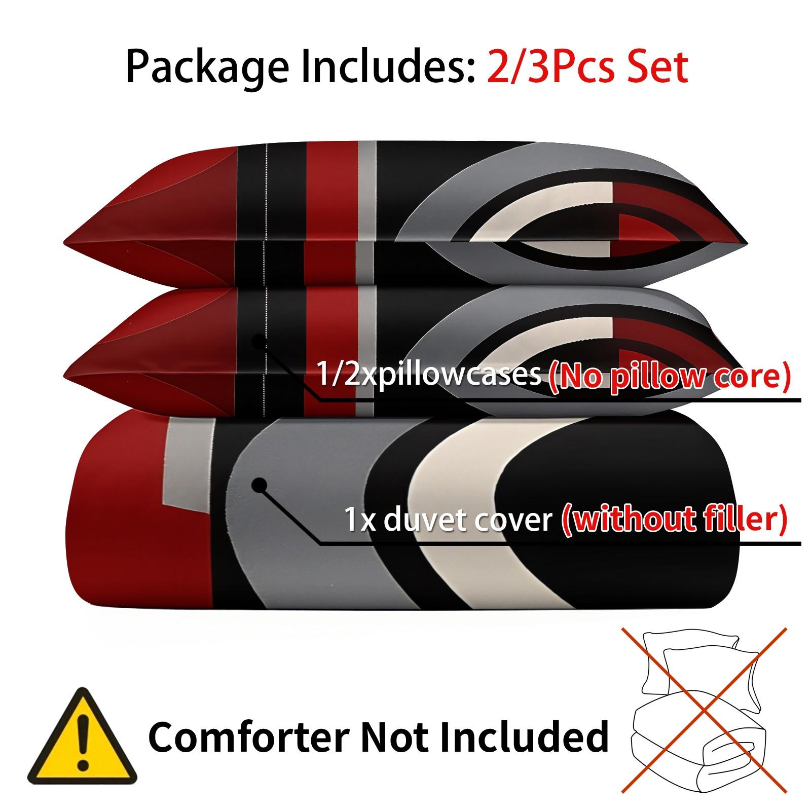 Modern Abstract Geometric Circle Stripe Print Duvet Cover Set, Includes 1 or 2 Pillowcases+1 Duvet Cover, Red Black Grey Block Design, Contemporary Urban Bedroom Decoration, Gift for Geometric Art Lovers