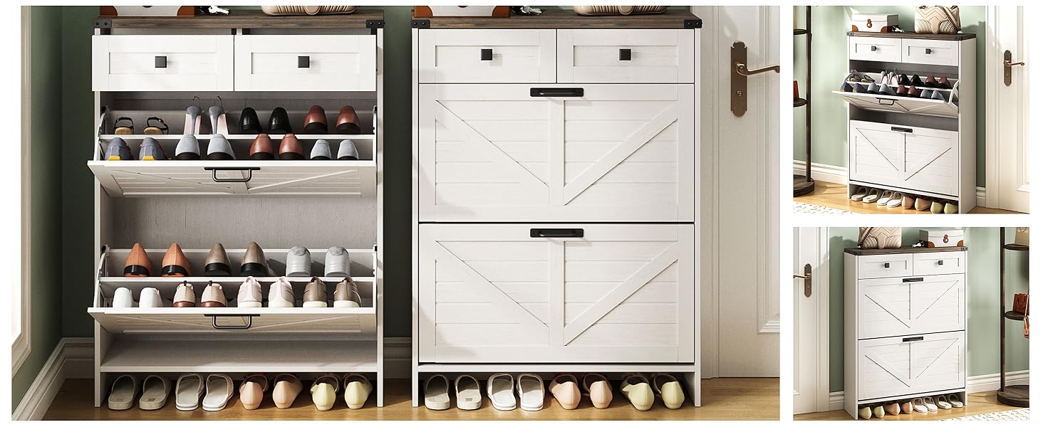 Vabches Shoe Storage Cabinet with 2 Flip Drawers & 2 Drawers,Shoe Cabinet Storage with Legs for Entryway,Freestanding Shoes Organizer Cabinet,Farmhouse Slim Shoe Cabinet