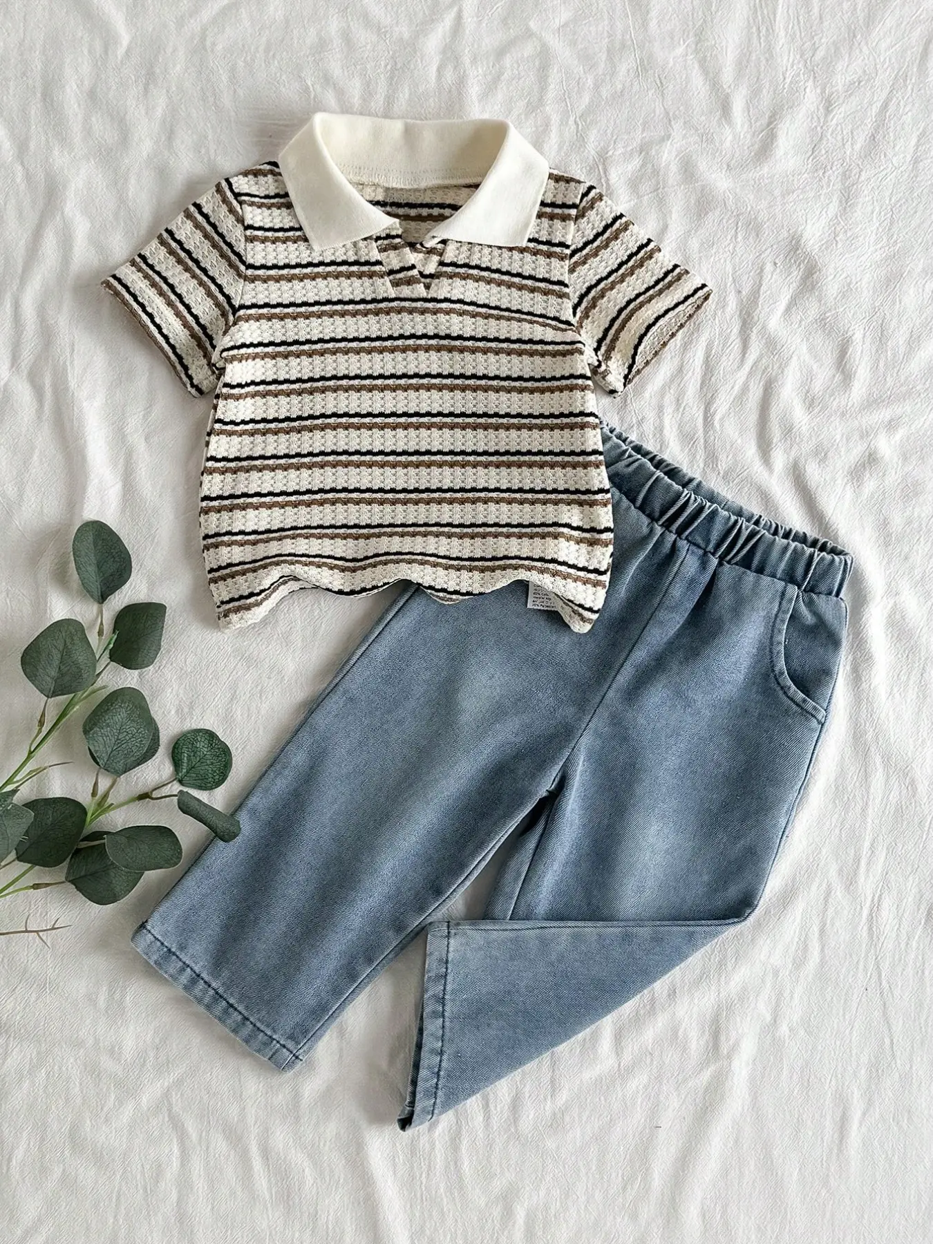 Unisex Baby Toddler Two-Piece Set, Striped Waffle Knit Polo Shirt + Elastic Waist Soft Denim Jeans, Vintage Neutral Style for Spring Summer