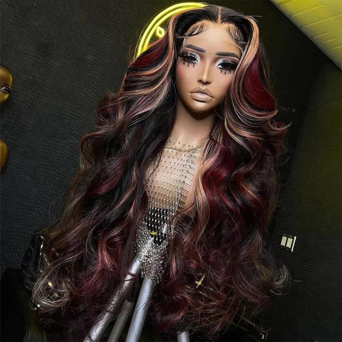 180% Density Black Red Wig Burgundy Highlight Wig Human Hair Body Wave Lace Front Wigs Human Hair 13X4 HD Lace Front Human Hair Wigs Pre Plucked with Baby Hair SpringStatements