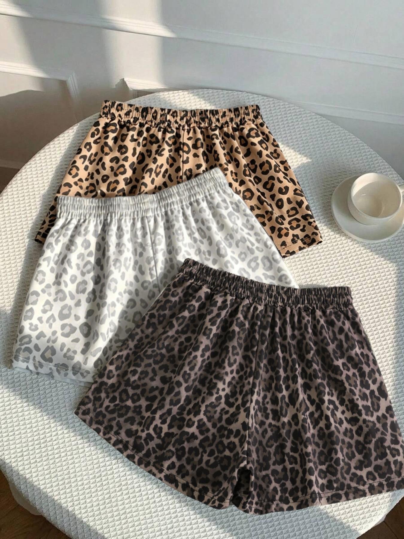 3-Pack Vintage Leopard Print Elastic Waist Casual Shorts for Women, Letter Waist Label Design, Y2K Style Sporty Outerwear Slimming Shorts