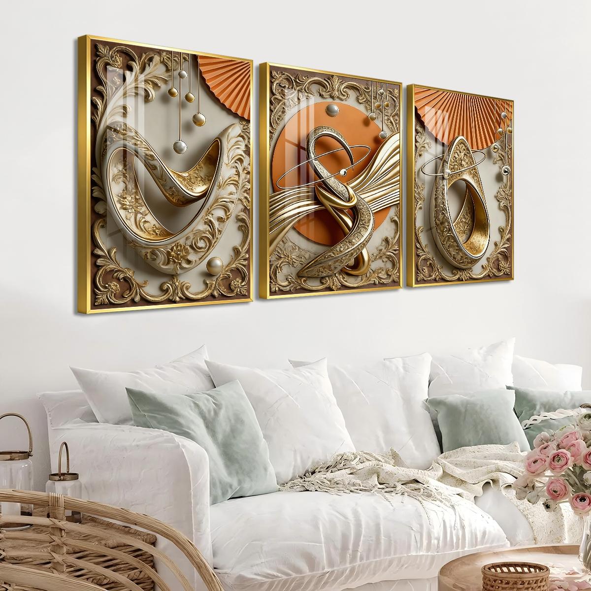 3 Counts Aluminum Alloy Framed Painting, Abstract Gold And Beige Geometric Art Pictures, Home Decoration For Living Room, Bedroom, Office, Restaurant, Hallway Wall Decor, Odorless Print Artwork, Luxury Perfect Gift For Friends And Family