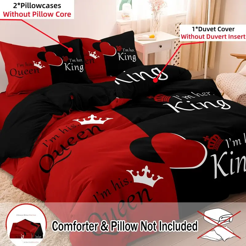Heart & Letter Printed Bedding Set, 3 Counts/set Including 1 Count Duvet Cover & 2 Counts Pillowcase without Filler, Soft Comfortable Bedding Set for Bedroom, Soft Bedding Sets, Decorative Bedding Set